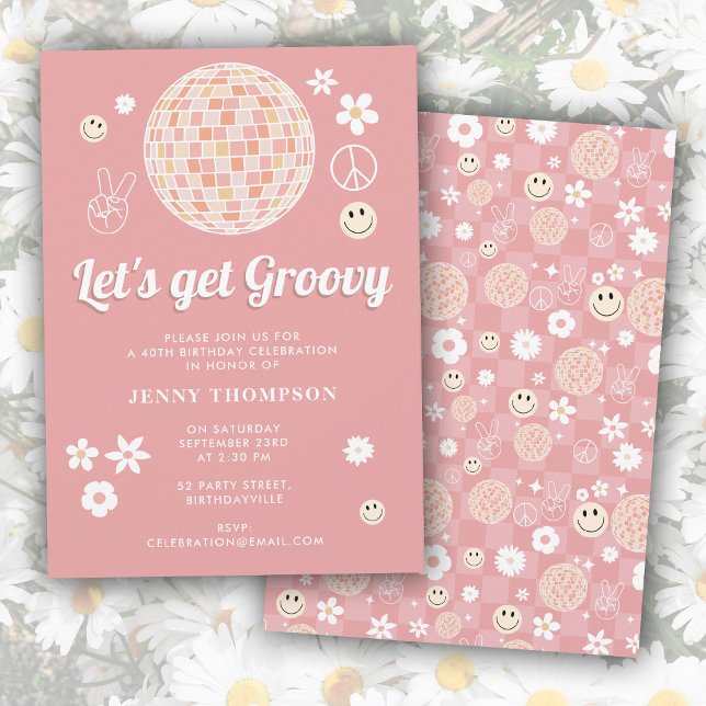 Retro Rosa Groovy kontrollerade hippie Disco Birth Inbjudningar (Retro Pink Groovy Checkered Hippie Disco Birthday Invitation)