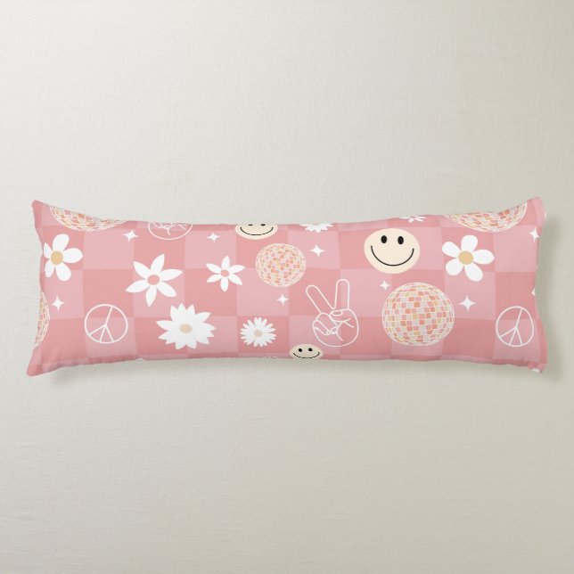 Retro Rosa Groovy kontrollerade Hippie Mönster Kroppskudde (Framsidan)