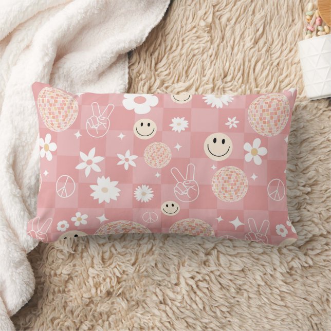 Retro Rosa Groovy kontrollerade Hippie Mönster Lumbarkudde (Filt)