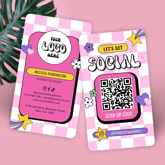 Retro Rosa Groovy Logotyp Social Media QR-kod Visitkort (Trendy pink QR code business cards with retro pink background, your logo & QR Code)