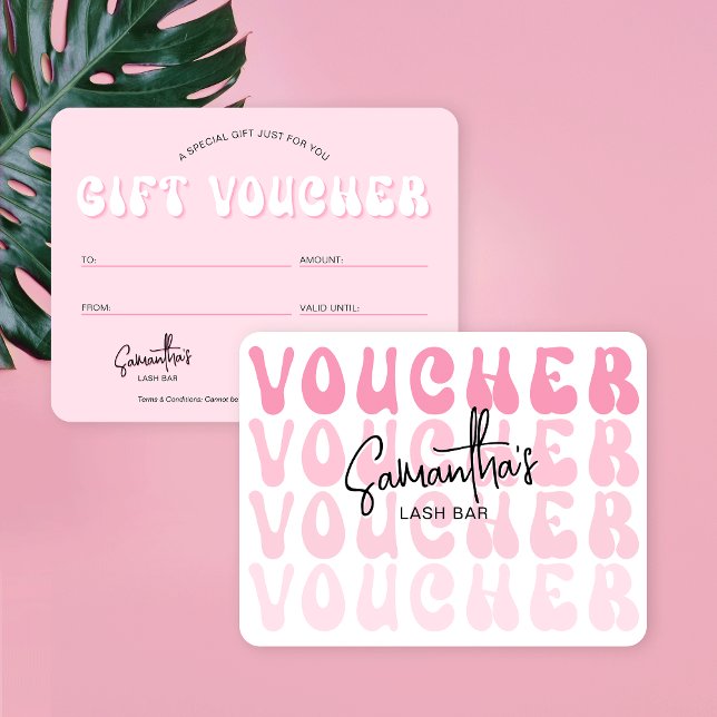Retro Rosa Groovy Trendig Beauty Salon Gift Vouche Kort (Trendy pink and white gift voucher cards with retro fonts and space for your logo and details)