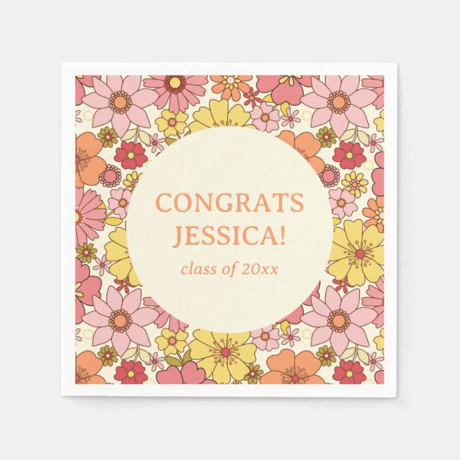Retro Rosa Gult Blommigt Groovy Examenfest Pappersservett (Framsidan)