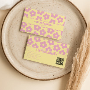 Retro Rosa Gult QR-kod Groovy Blommig Feminint 70- Visitkort