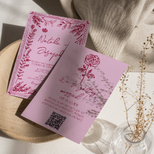 Retro Rosa Hallon QR-kod Tecknad Blommig Bröllop Inbjudningar