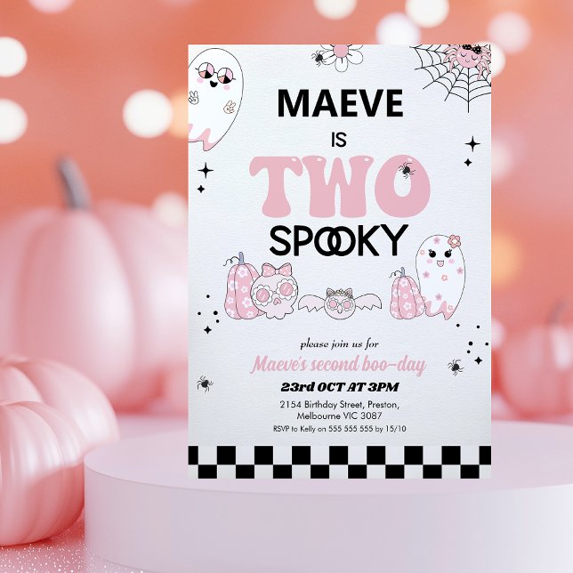 Retro Rosa Halloween två-taloky 2:a födelsedagen Inbjudningar (Two Spooky Birthday Invitation, Halloween 2nd Birthday Invitation Girl, Halloween Second Birthday )