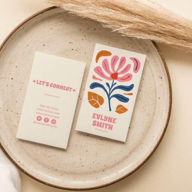 Retro Rosa Hand-Drawn Groovy Blommigt Boho Girly Visitkort (Skapare uppladdad)