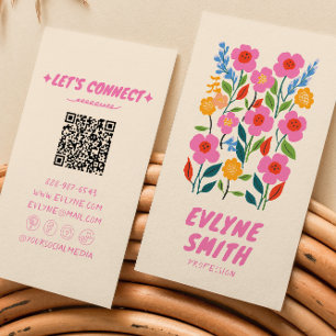Retro Rosa Hand plockade-skriven QR-kodBlommigt Gi Visitkort