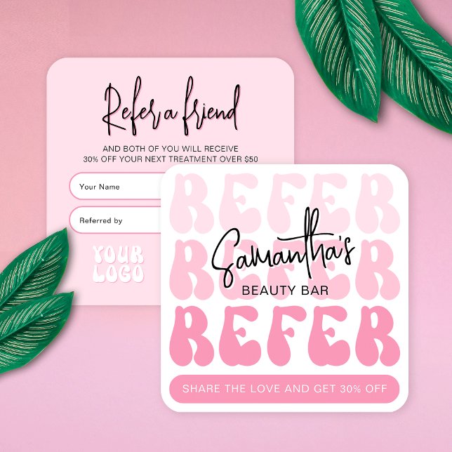 Retro-Rosa Hänvisa till en vänskaplig, modern Logo Rabattkort (Trendy Refer A Friend business card design with retro pink aesthetic and groovy fonts)