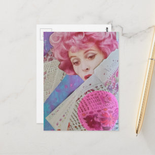 Retro Rosa Hår Dam Mixed Media Collage Vykort