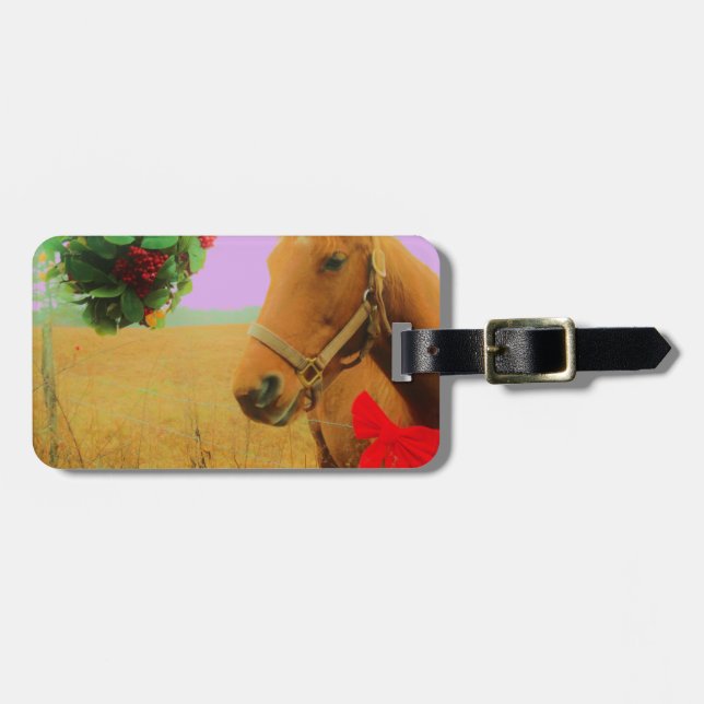 Retro rosa himlar jul Horse Bagagebricka (Horisontell Framsida)