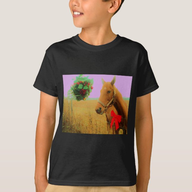 Retro rosa himlar jul Horse T-shirt (Framsida)