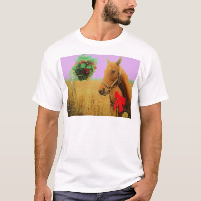 Retro rosa himlar jul Horse Tee Shirt (Framsida)
