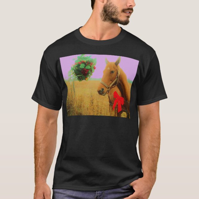 Retro rosa himlar jul Horse Tee Shirt (Framsida)