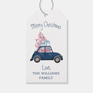 Retro Rosa Julgran Blue Car God jul Presentetikett