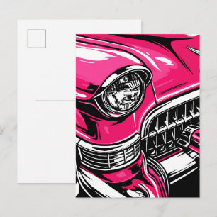Retro Rosa Klassisk Bil Fram Pop Art Illustration Vykort