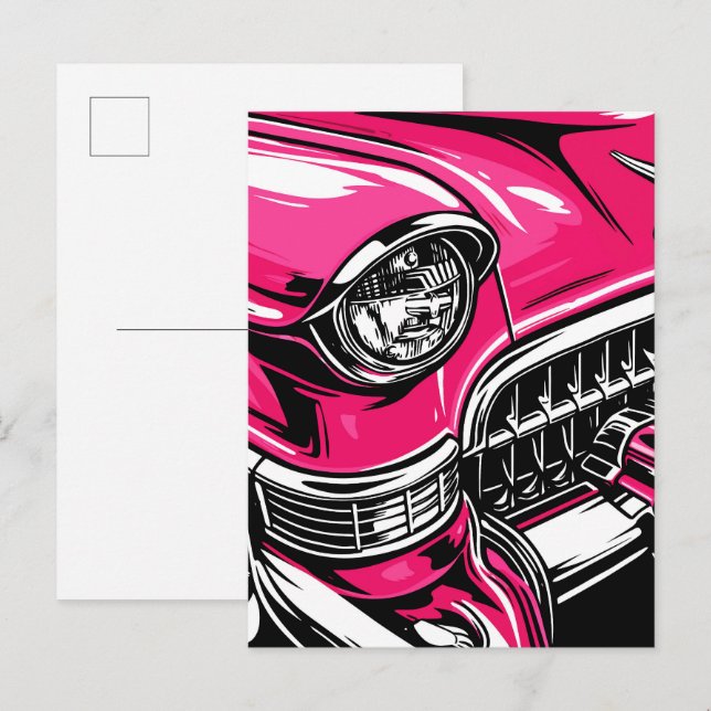 Retro Rosa Klassisk Bil Fram Pop Art Illustration Vykort (Fram/baksida)
