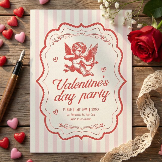 Retro Rosa Krämfärgad Änglabåg Hjärtformad Valenti Inbjudningar (Skapare uppladdad)