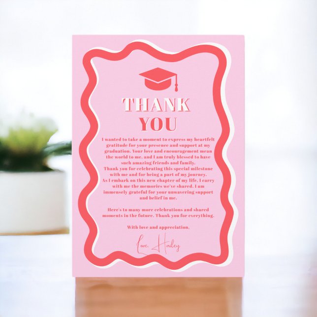 Retro-rosa-kurvbläddring vågigt fotot studenten tack kort (Retro pink curve squiggle wavy photo graduation thank you card)