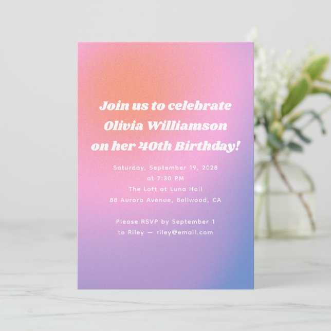 Retro Rosa Lila Gradient 40:e födelsedagen Party Inbjudningar (Stående Fram)