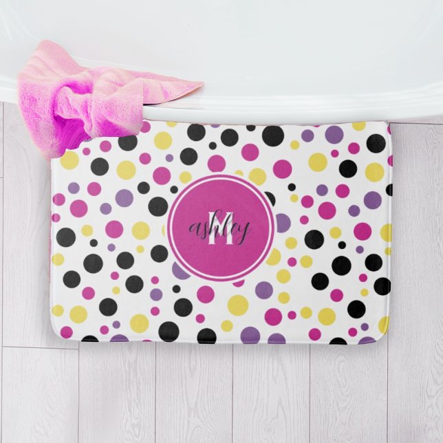 Retro Rosa Lila Monogram Polka dots Badrumsmatta (Skapare uppladdad)