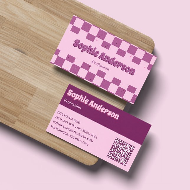Retro Rosa & Lila Rutigt Mönster med QR-kod Visitkort (Skapare uppladdad)