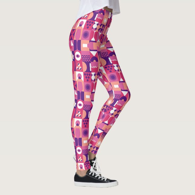 Retro Rosa Lila Vin Bauhaus Mönster Leggings (Höger)