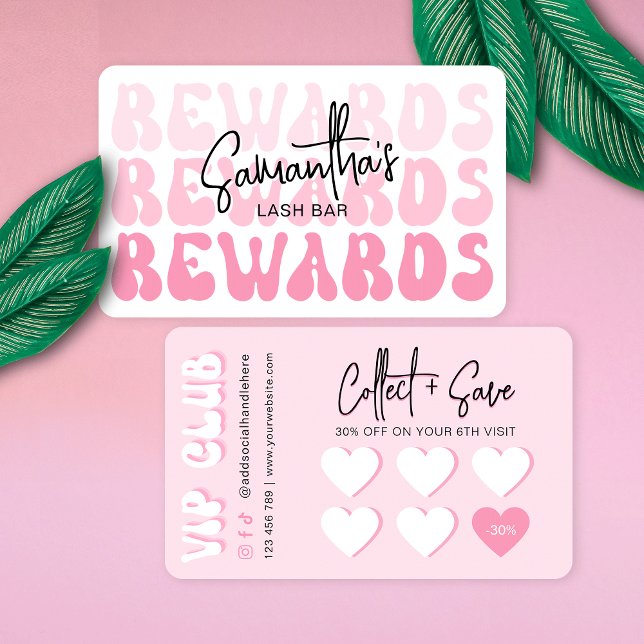 Retro Rosa Logotyp Modern Lash Salon eller Spa Lojalitetskort (Retro pink rewards cards)