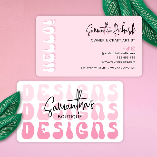 Retro Rosa Modern Girly Logotyp Crafter Designer Visitkort (Modern girly artist crafter and designer business cards with retro fonts in pink aesthetic)