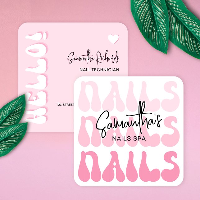 Retro Rosa Modern Nail Artist Salon Manicuant Fyrkantigt Visitkort (Trendy and chic nails spa business cards in girly pink with retro fonts)