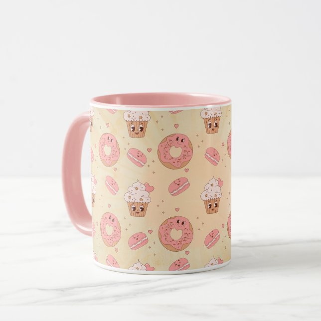 Retro Rosa Munkar & Cupcakes Mönster Mugg (Framsida vänster)