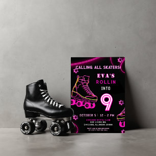 Retro Rosa Neon Glow Roller Skate Birthday Inbjudningar