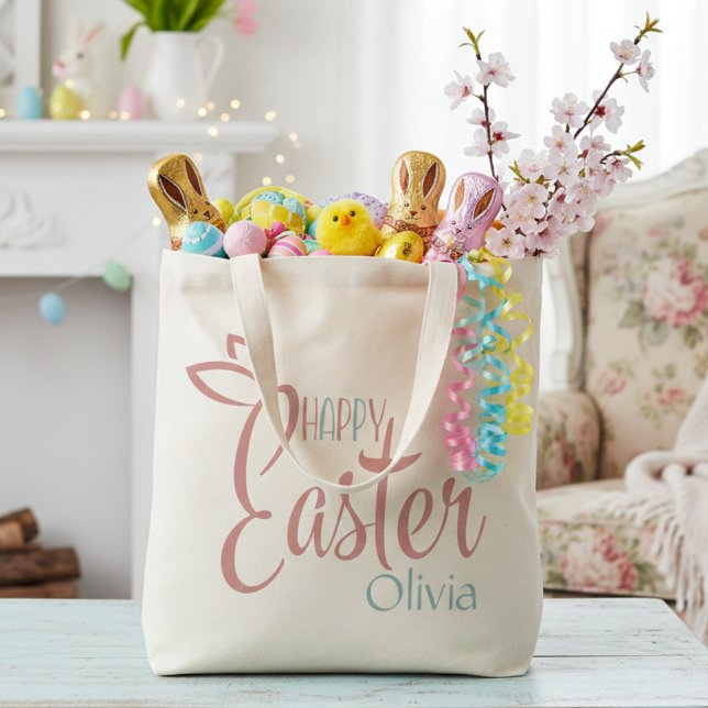 Retro Rosa och Blue Personlig Glad påsk Tygkasse (Retro Pink And Blue Personalized Happy Easter Tote Bag)