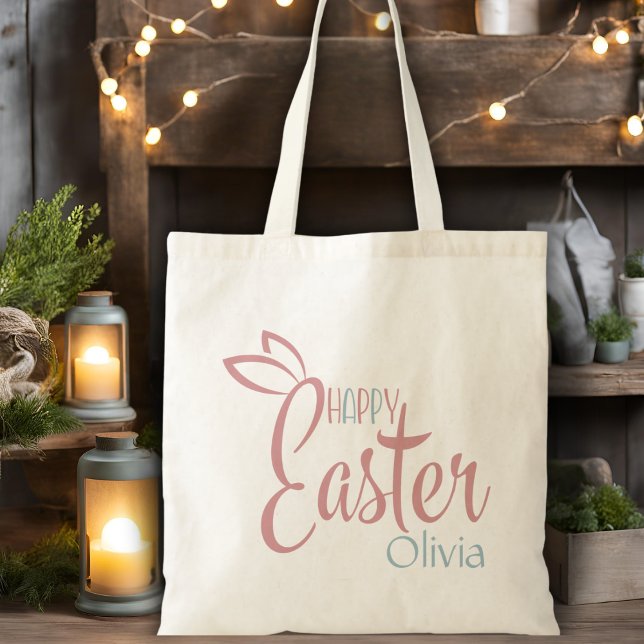 Retro Rosa och Blue Personlig Glad påsk Tygkasse (Retro Pink And Blue Personalized Happy Easter Tote Bag)