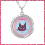 Retro Rosa och Blue Purring Kattunge Silverpläterat Halsband<br><div class="desc">Retro rosa och blå purring kattunge. Spelande. Viktigt.</div>