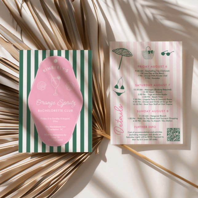Retro Rosa Och Grön Beverly Hills Sängkammarparty Inbjudningar (Preppy pink and green bachelorette beach weekend invitation with hand drawn icons)