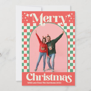 Retro rosa och grön julcheck platt kort