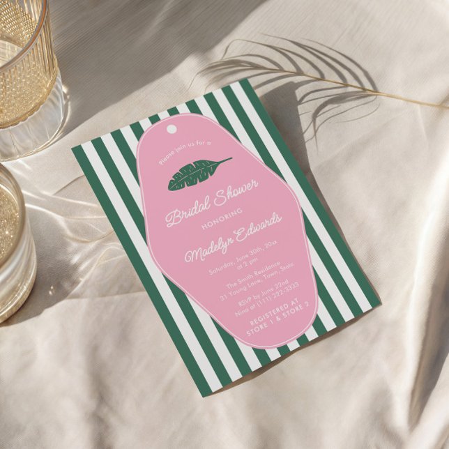 Retro Rosa och Grönt Banana Löv Möhippa Inbjudningar (Midcentury modern pink and green Beverly Hills inspired bridal shower invitation with banana leaf)
