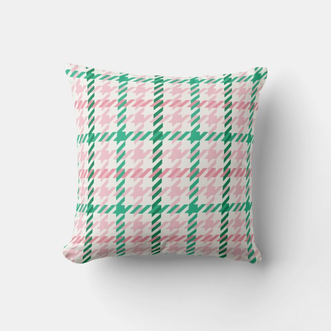 Retro rosa och grönt Houndstooth plaid mönster Kudde (Framsida)