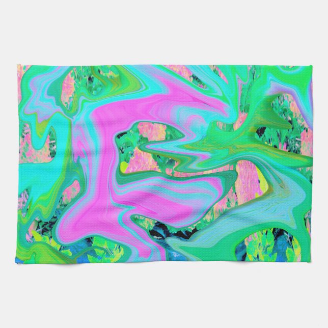 Retro Rosa och Light Blue Liquid Art på Hydrangea Kökshandduk (Horisontell)