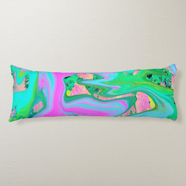 Retro Rosa och Light Blue Liquid Art på Hydrangea Kroppskudde (Framsidan)