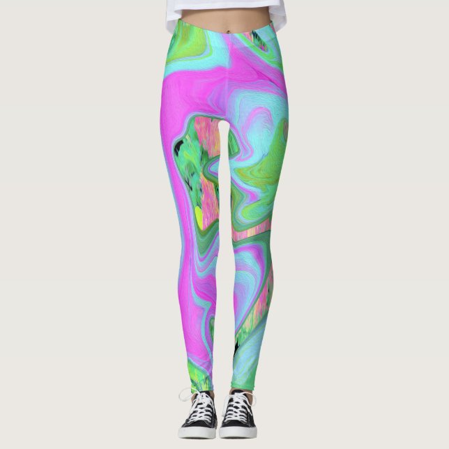 Retro Rosa och Ljusblå Flytande Konst på Hydrangea Leggings (Framsida)