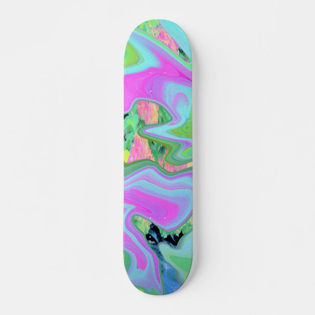 Retro Rosa och Ljusblå Flytande Konst på Hydrangea Mini Skateboard Bräda 18,5 Cm (Framsida)