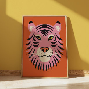 Retro Rosa och Orange Tiger Stor Katt Illustration Poster