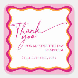 Retro Rosa och Orange Vågigt Gräns Tack Fyrkantigt Klistermärke