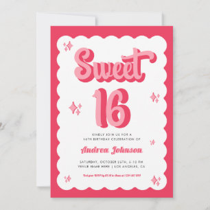 Retro Rosa och Red Groovy Sweet 16 Birthday Inbjudningar