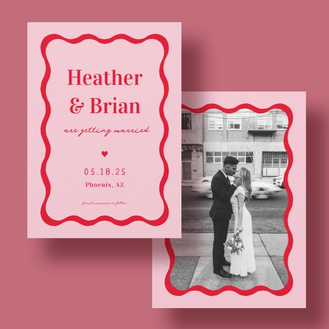 Retro Rosa och Red Squiggle Photo Bröllop Spara Datumet (Skapare uppladdad)