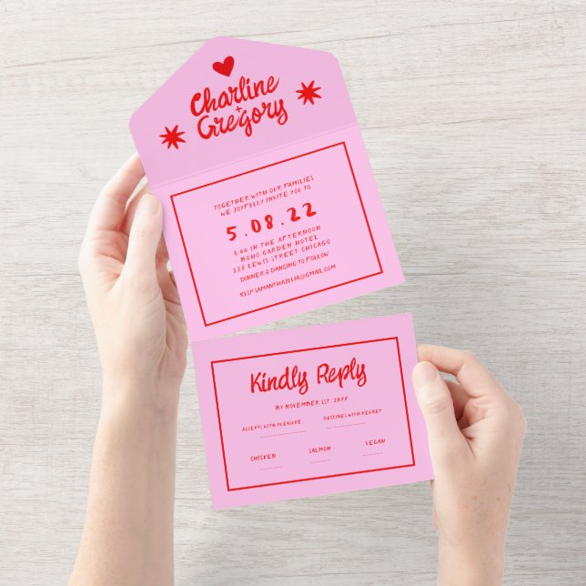 Retro Rosa och Red Vågigt Handwrite Bröllop (Tearaway)