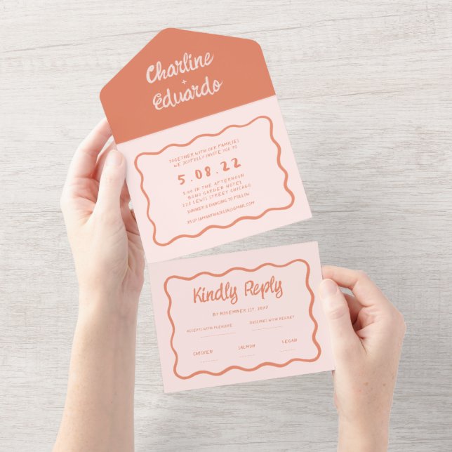Retro Rosa och Red Vågigt Handwrite Bröllop (Avrivbar del)