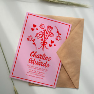 Retro Rosa och Red Vågigt Handwrite Bröllop Inbjudningar
