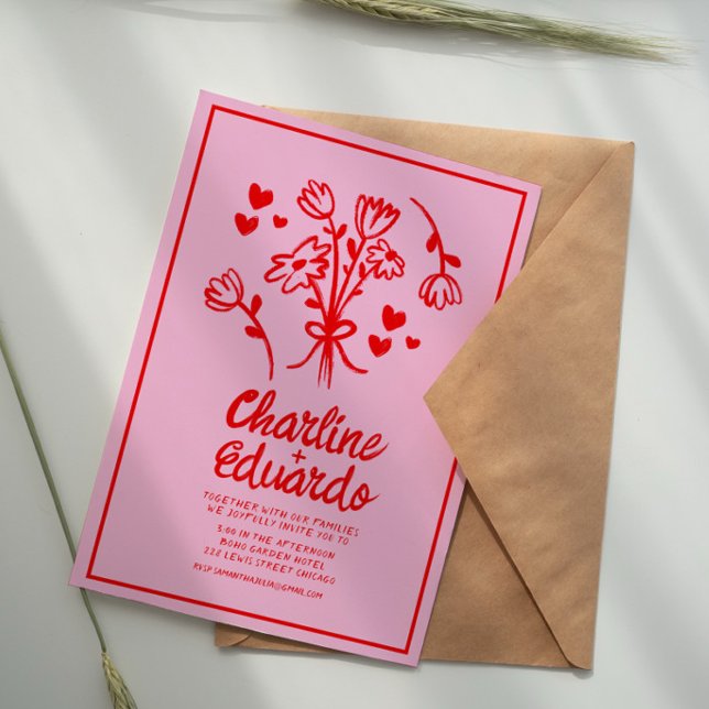 Retro Rosa och Red Vågigt Handwrite Bröllop Inbjudningar (Skapare uppladdad)